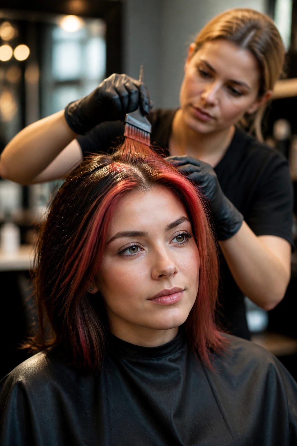 Real woman in a salon receiving halo color from a professional colorist