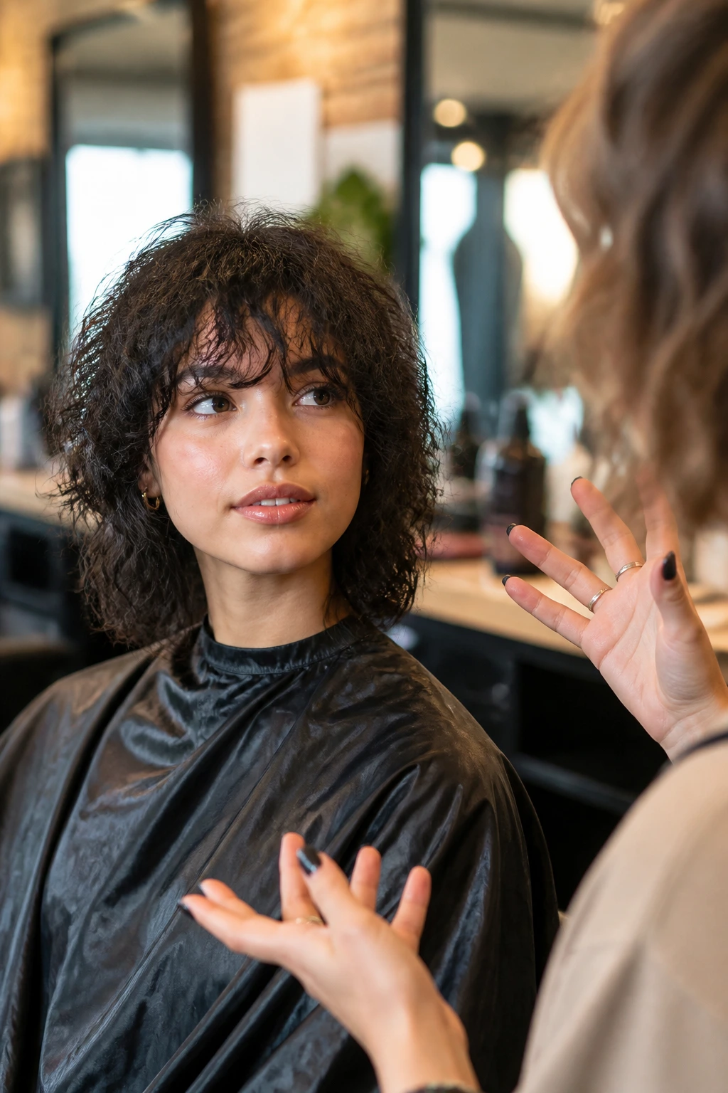 Client talking to stylist about frizzy bangs in a salon