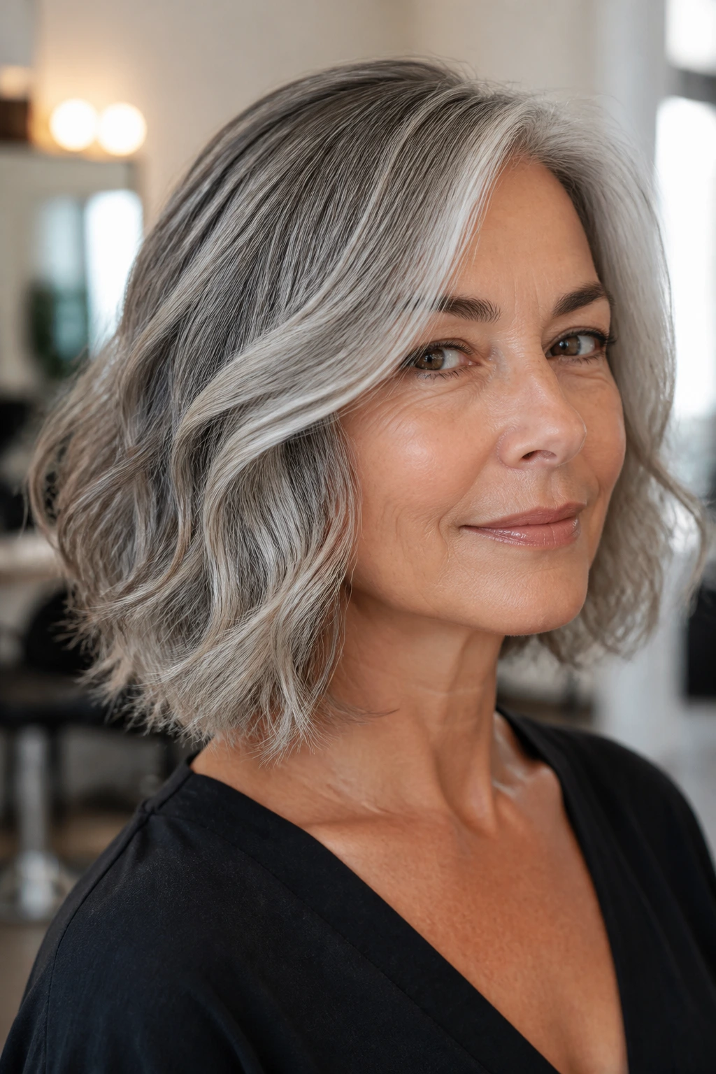 Close-up portrait of a real person with salt-and-pepper hair and silver lowlights in a salon.