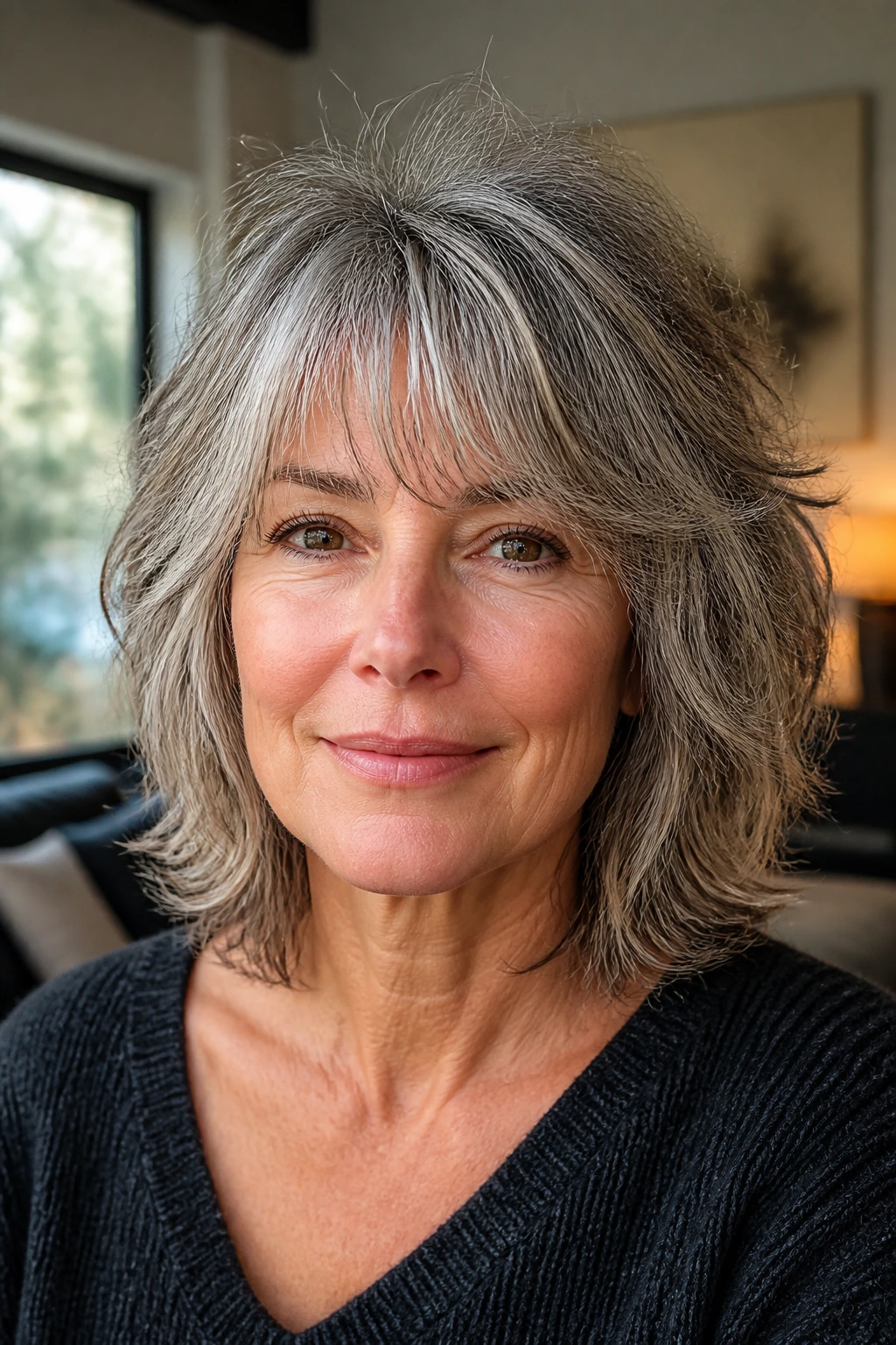 Close-up of a real woman with gray shag texture and volume.