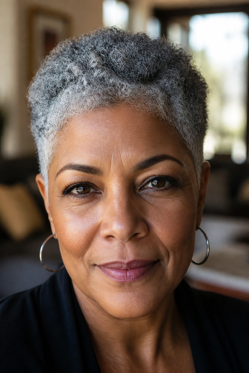 Close-up of a gray-haired person with short tapered cut and salt-and-pepper texture in natural light