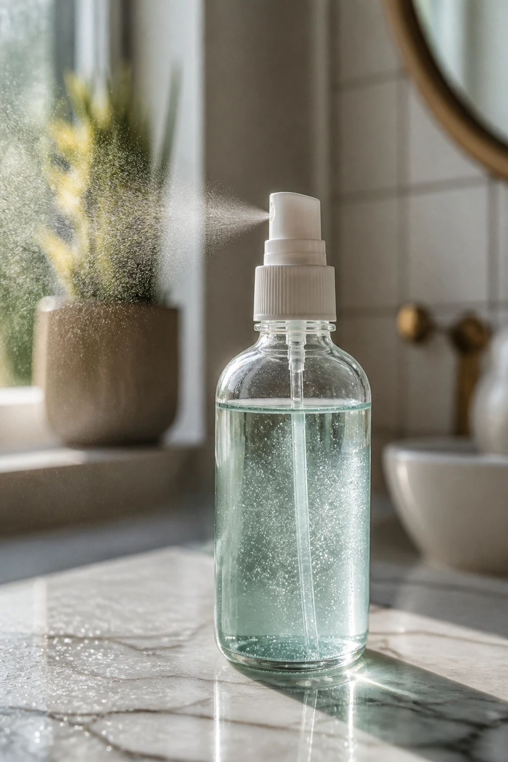 Close-up of a salt spray bottle on a marble bathroom counter with natural light