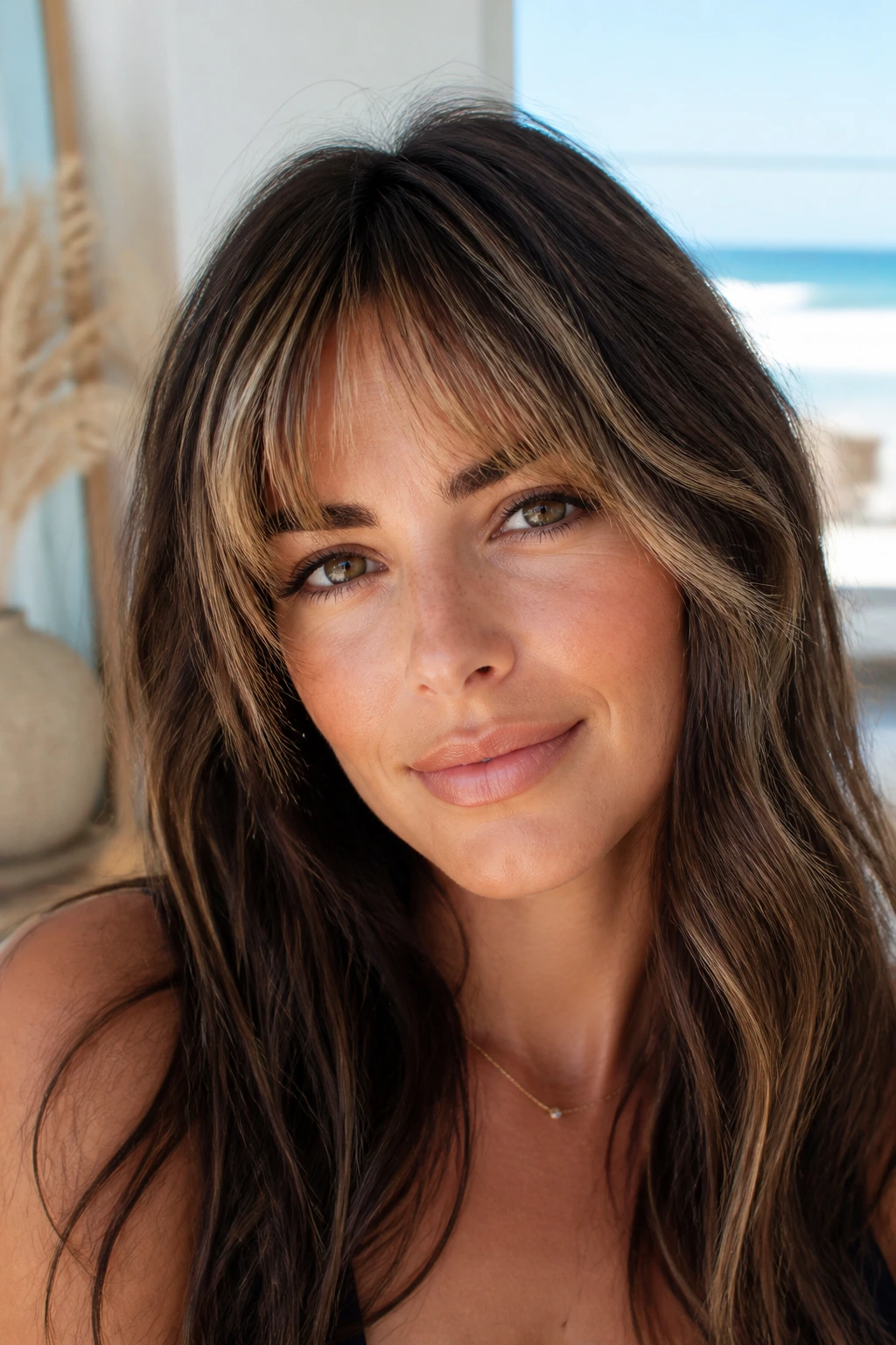 Close-up portrait of a woman with dark walnut hair and sandy blonde textured bangs.