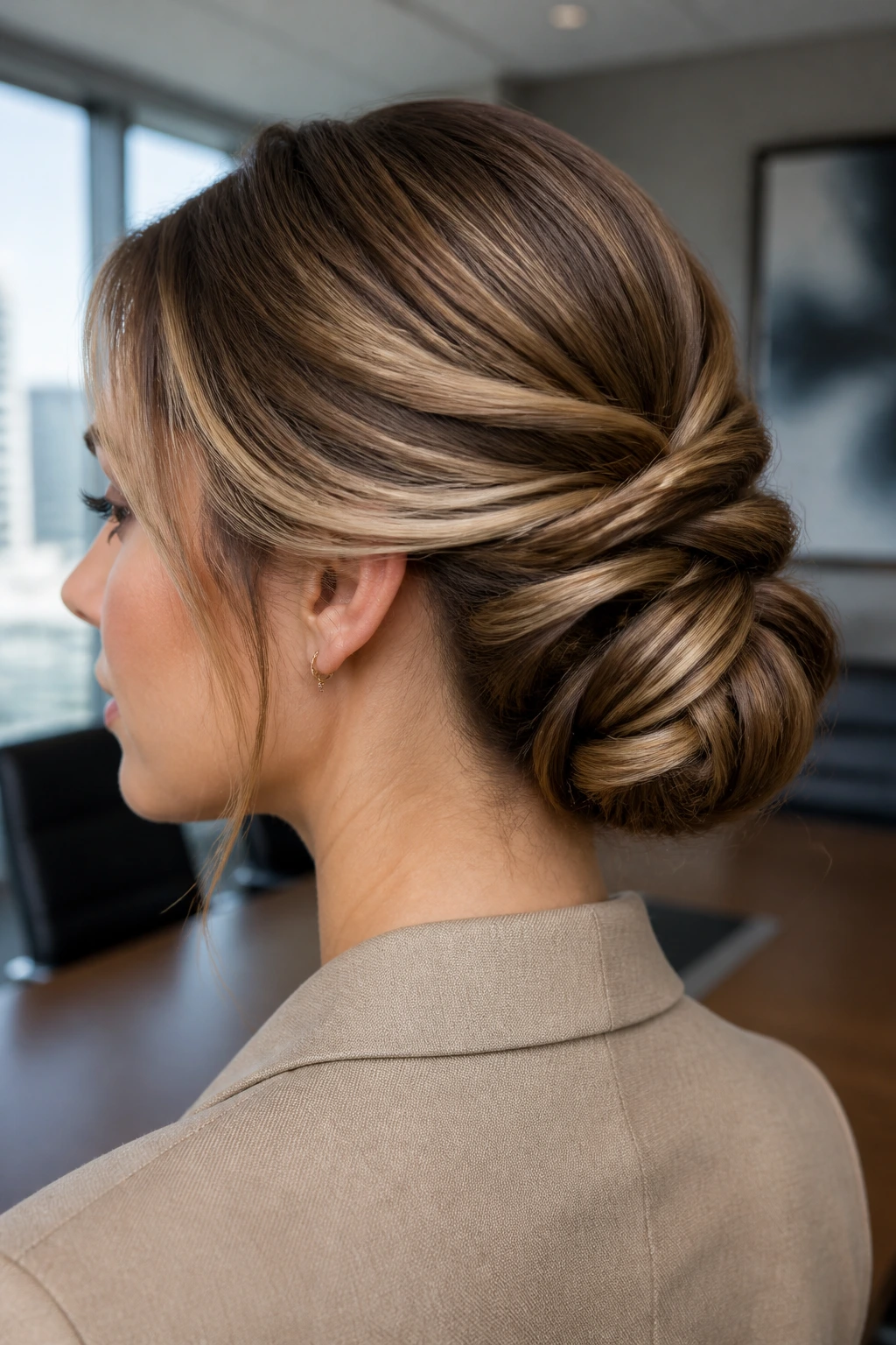 Close-up of a woman with a low chignon featuring sandy caramel babylights in an office setting