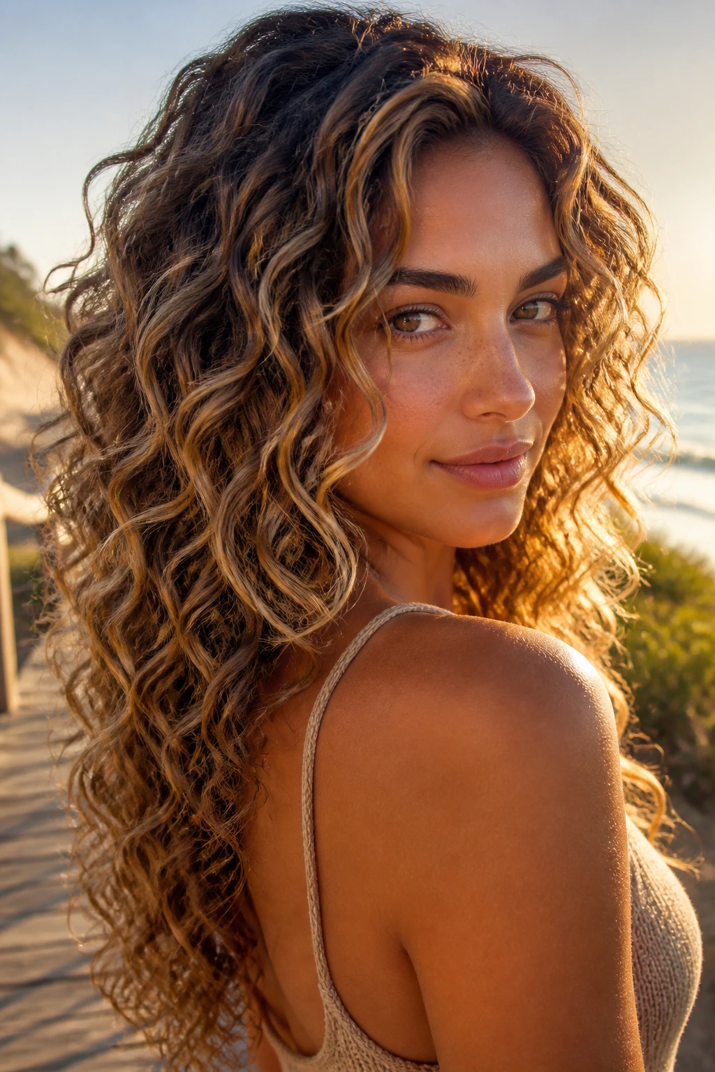 Close-up of a real woman with sandy beige sun-kissed highlights in light brown curls.