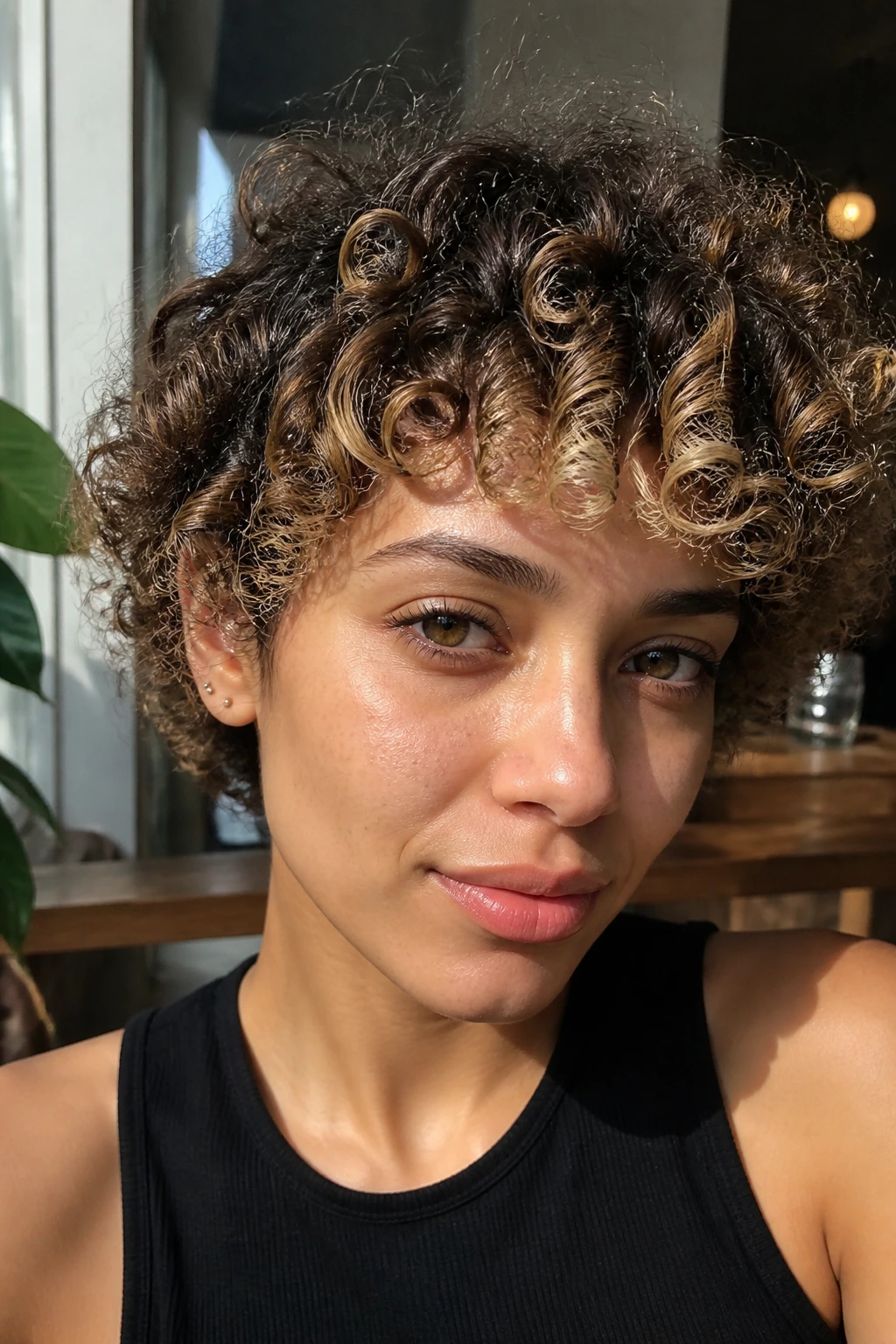 Close-up of cropped curly bangs with sandy blonde tips on a real person