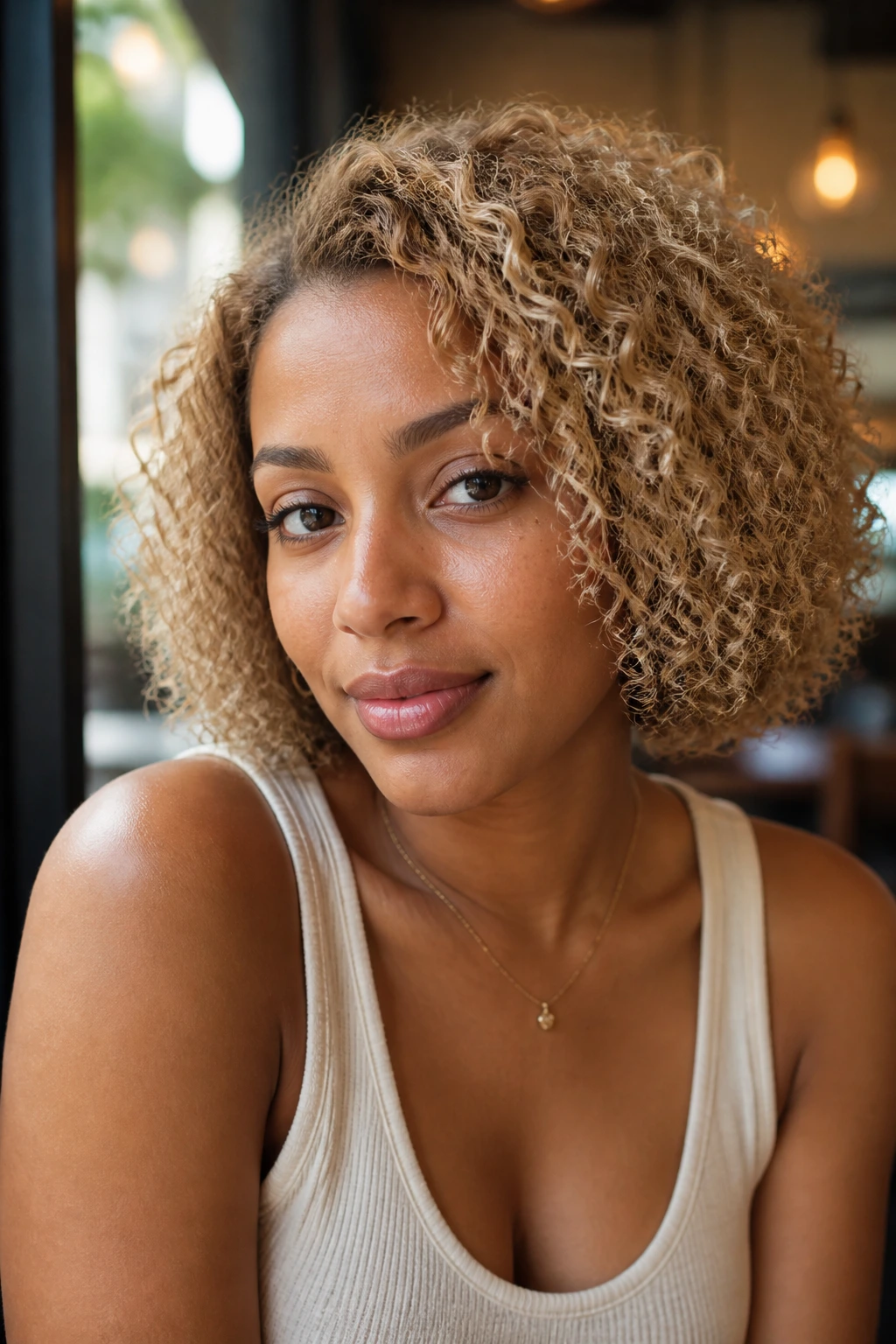 Close-up of a real woman with sandy blonde curly bob by a cafe window