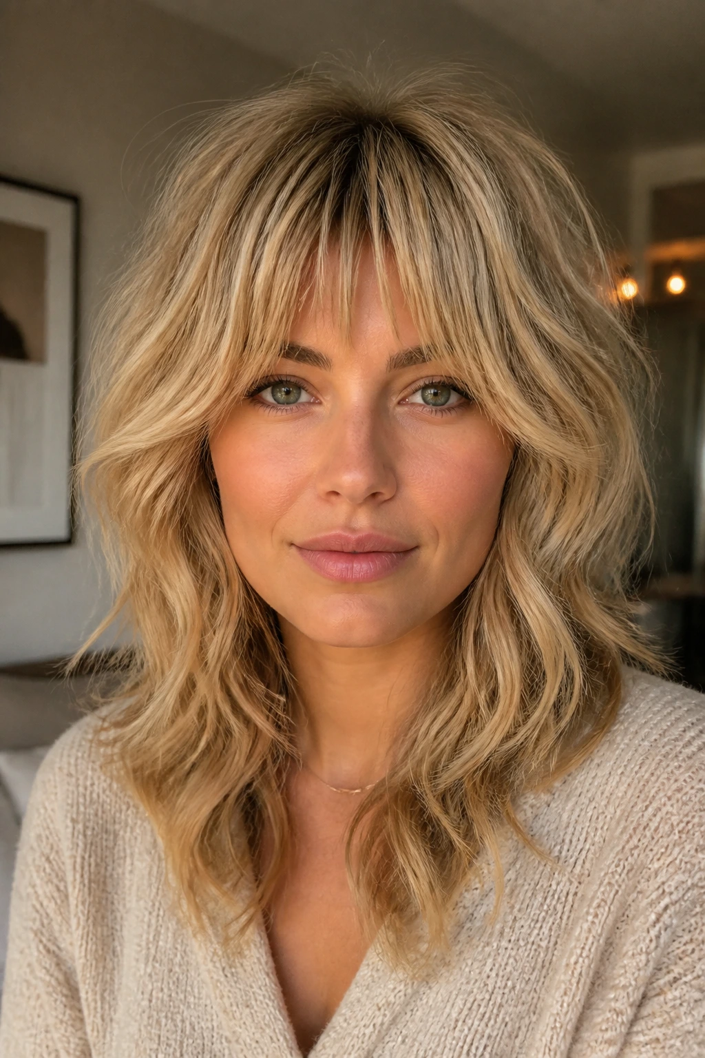 Close-up of sandy blonde shag with bottleneck bangs on real person
