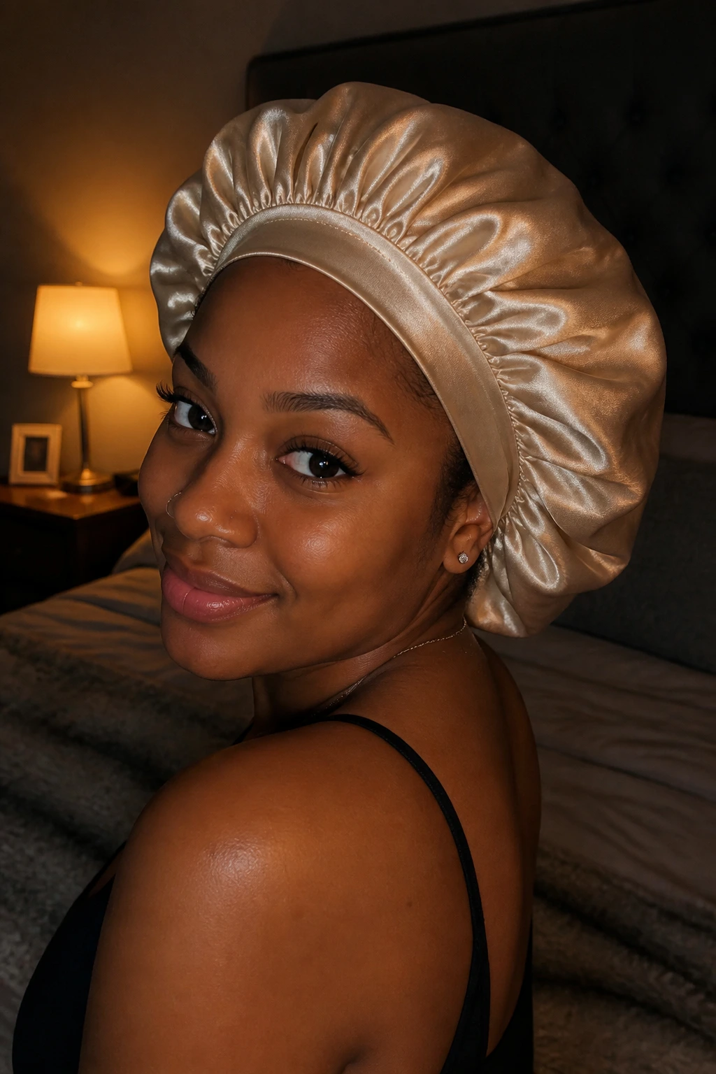 Woman wearing satin bonnet in a bedroom to protect braids at night