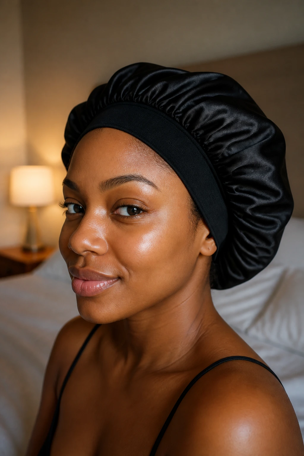 Close-up portrait of a woman wearing a satin bonnet in a softly lit bedroom