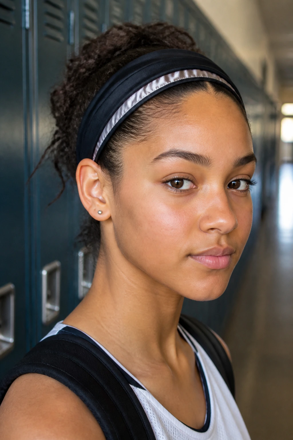Close-up of a real student wearing a satin-lined headband to prevent pulling.