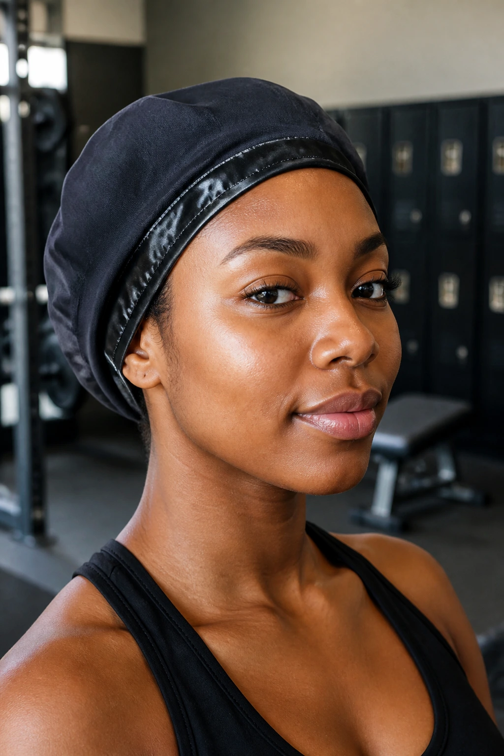 Person wearing satin-lined gym cap as minimalist liner in gym