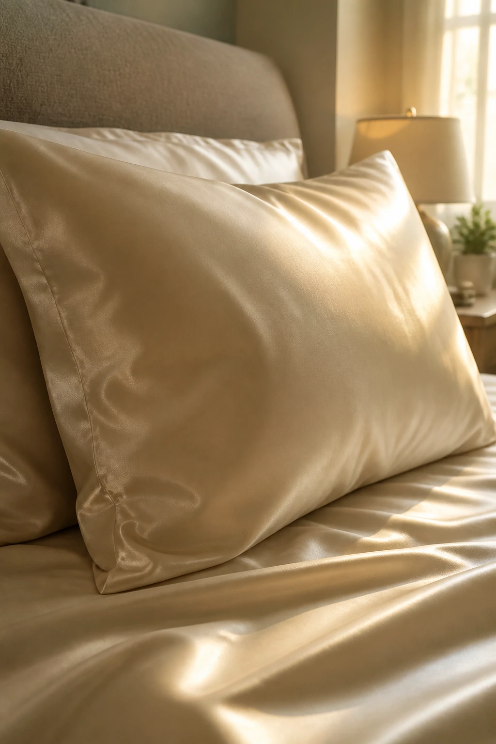 Close-up of a satin pillowcase showing smooth sheen on a bed.