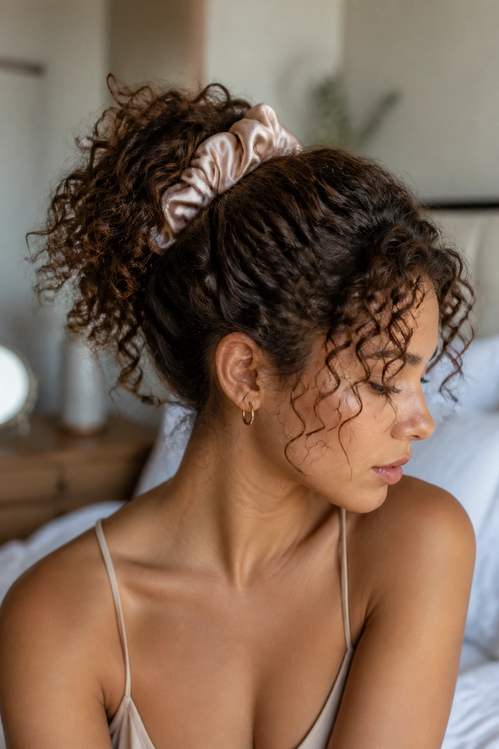 Real woman with satin scrunchie in hair close-up portrait