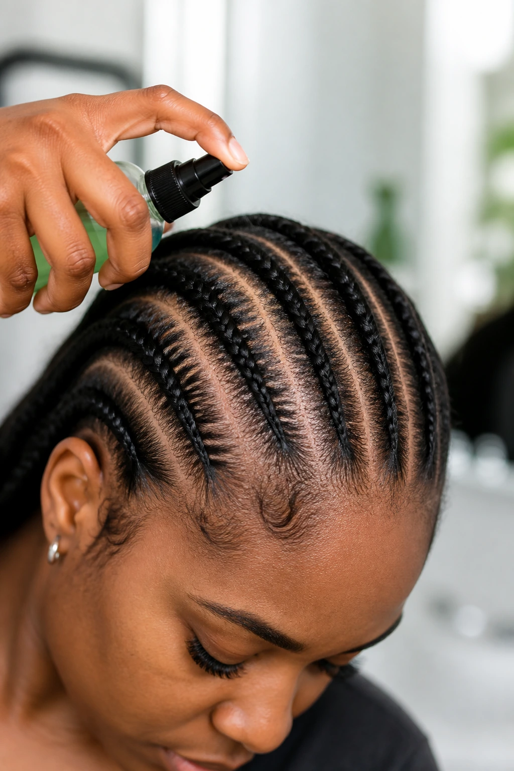 Close-up of scalp being cared for under braided Ghana hair