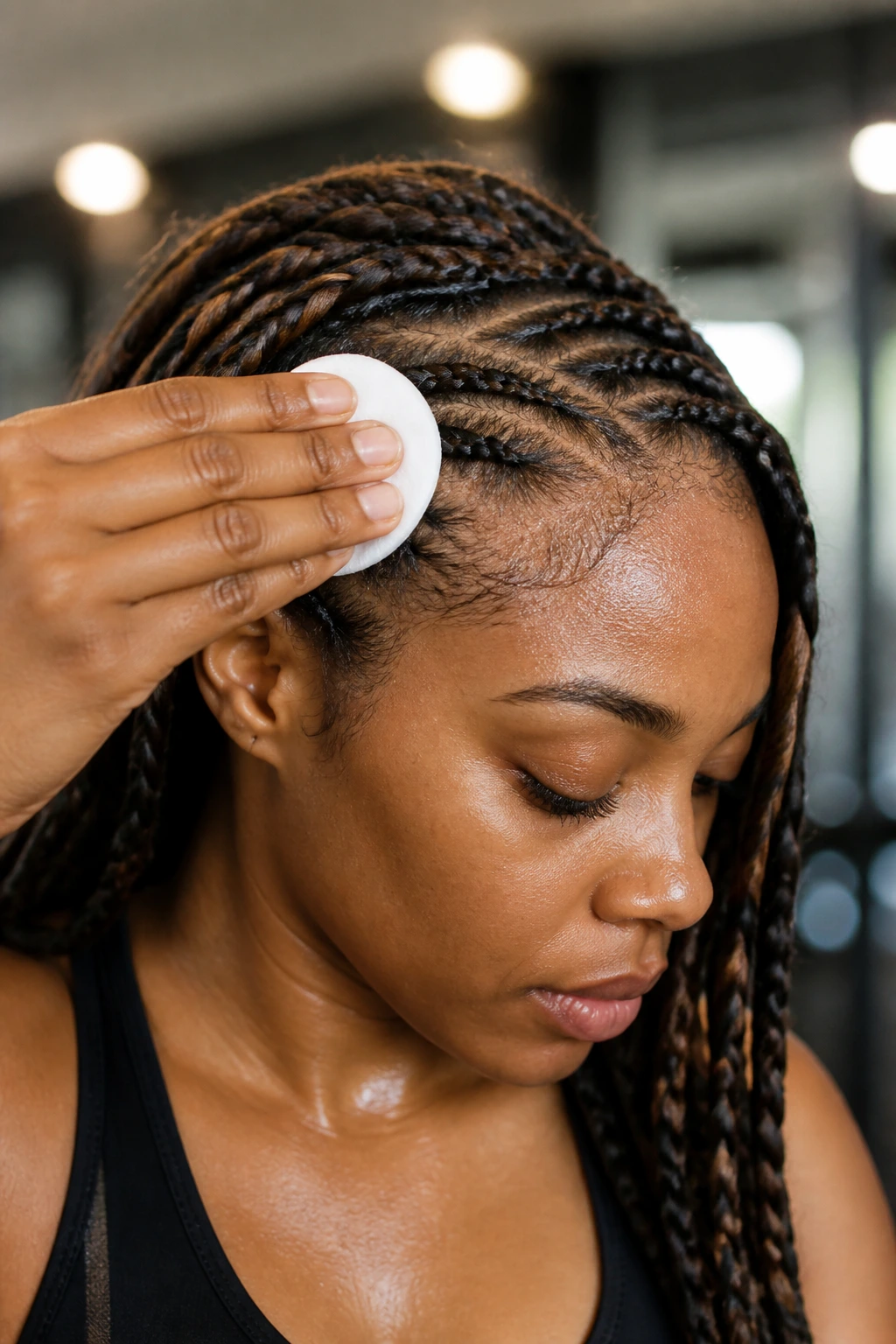 Close-up of scalp with cornrows being wiped after a workout