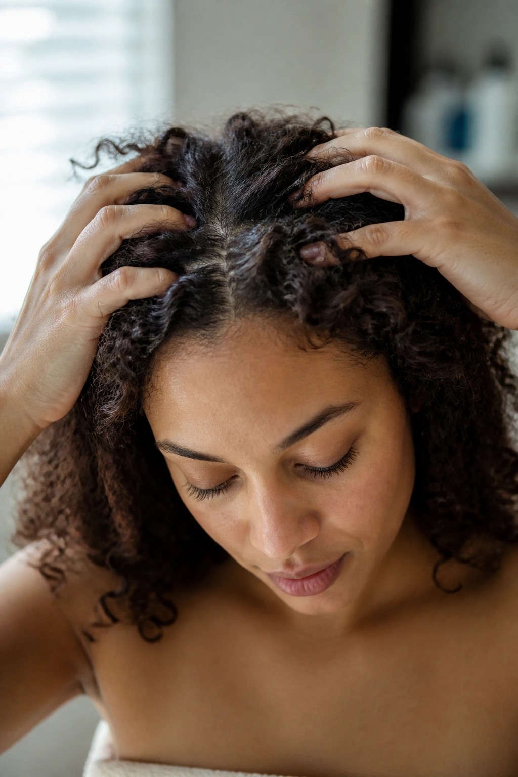 Close-up of a woman's scalp being massaged during scalp care in a bathroom