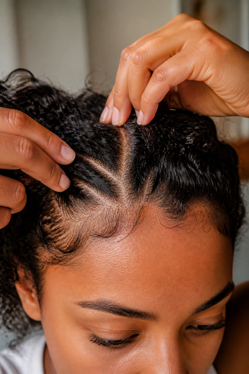 Close-up of scalp and hair showing proper moisture and gentle parting to avoid tension