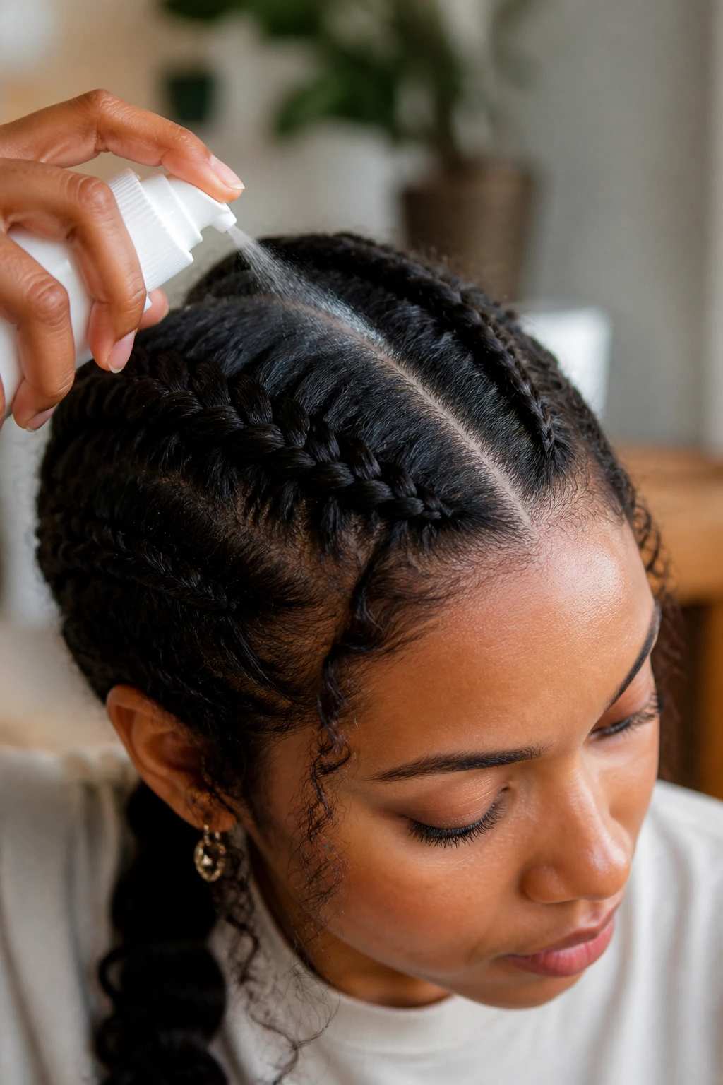 Real person with braids showing clean, healthy scalp with light mist