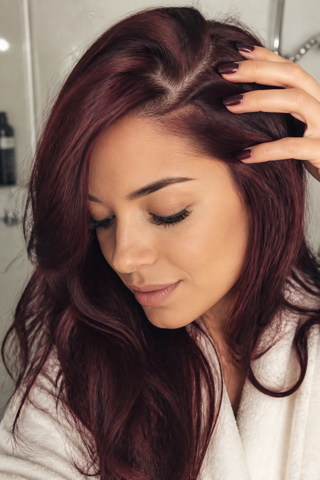 Close-up of a healthy scalp with wine hair at hairline.