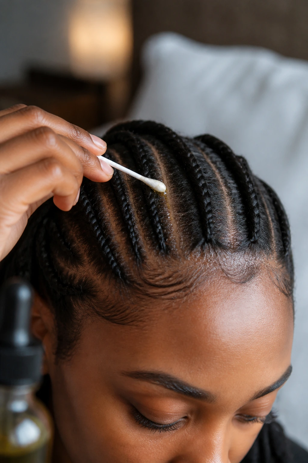Scalp being treated with oil on pencil braids