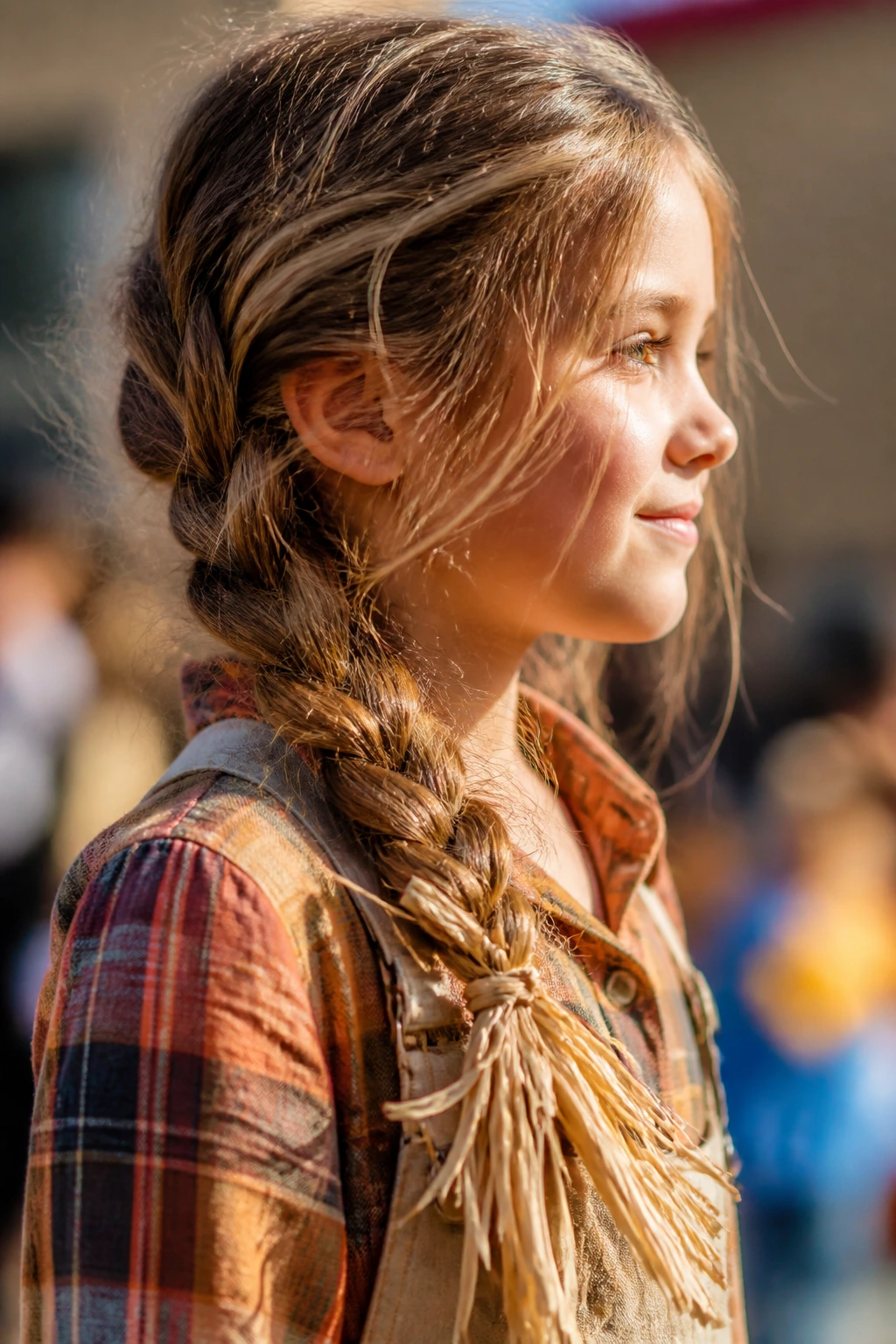Close-up of a child with a messy side braid and raffia accent