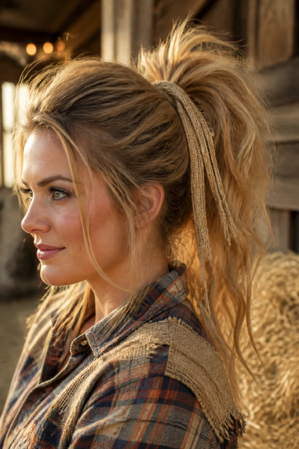 Close-up of a woman with a textured burlap-tied scarecrow pony in a rustic setting