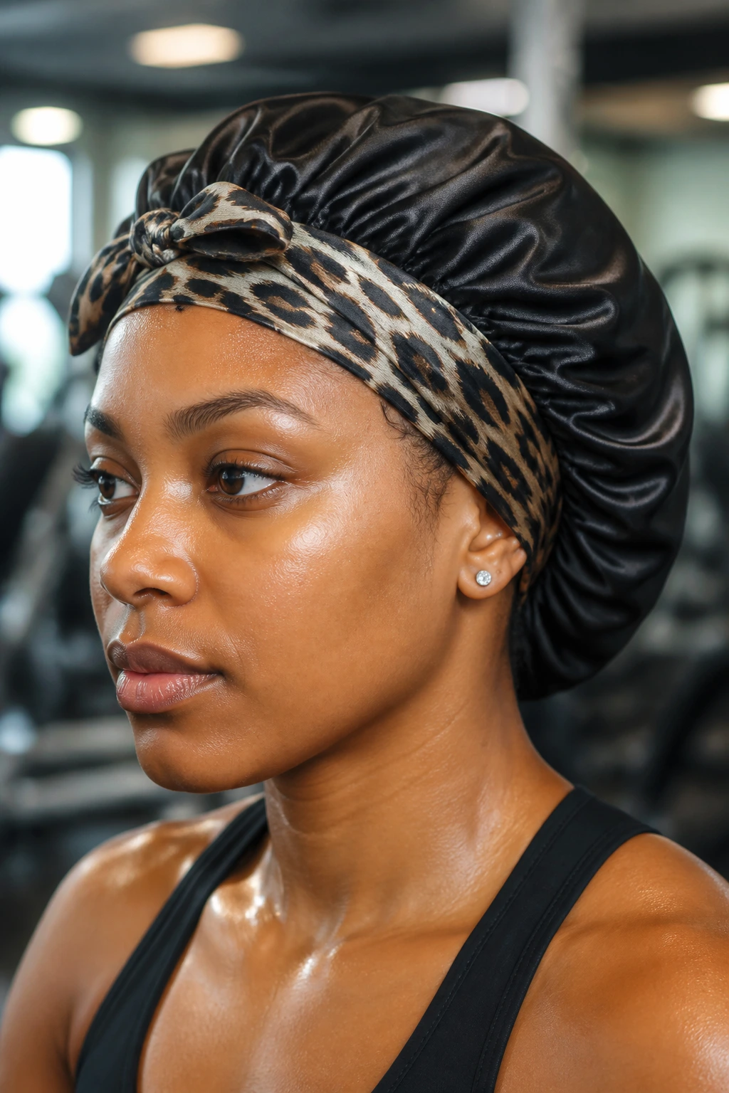 Woman with scarf-tied bonnet securing hairstyle.