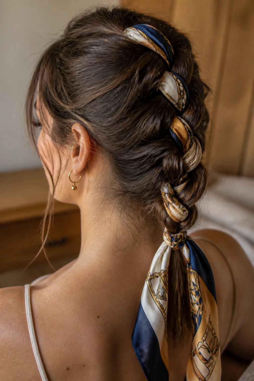 Close-up of a real woman with a scarf-woven French braid under natural window light