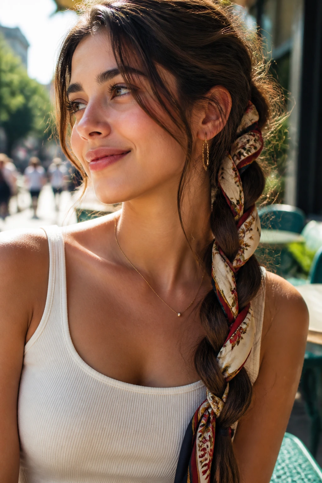 Outdoor close-up of scarf-woven braid on a real person.