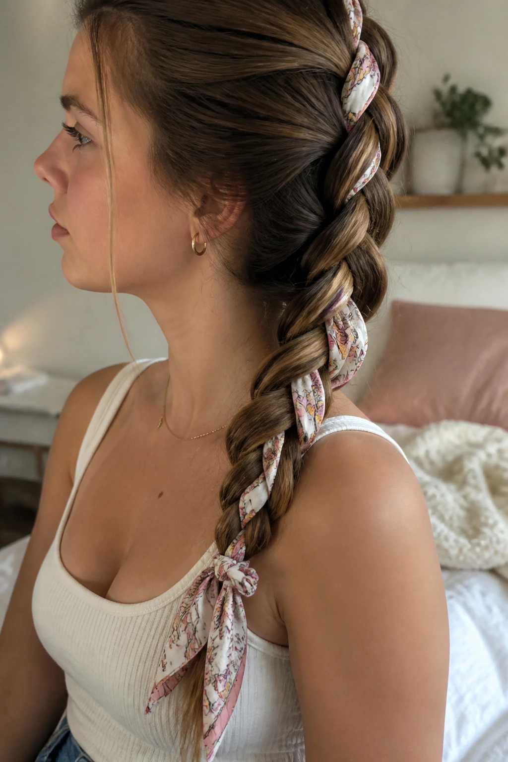 Close-up of a scarf-integrated braid on a real person
