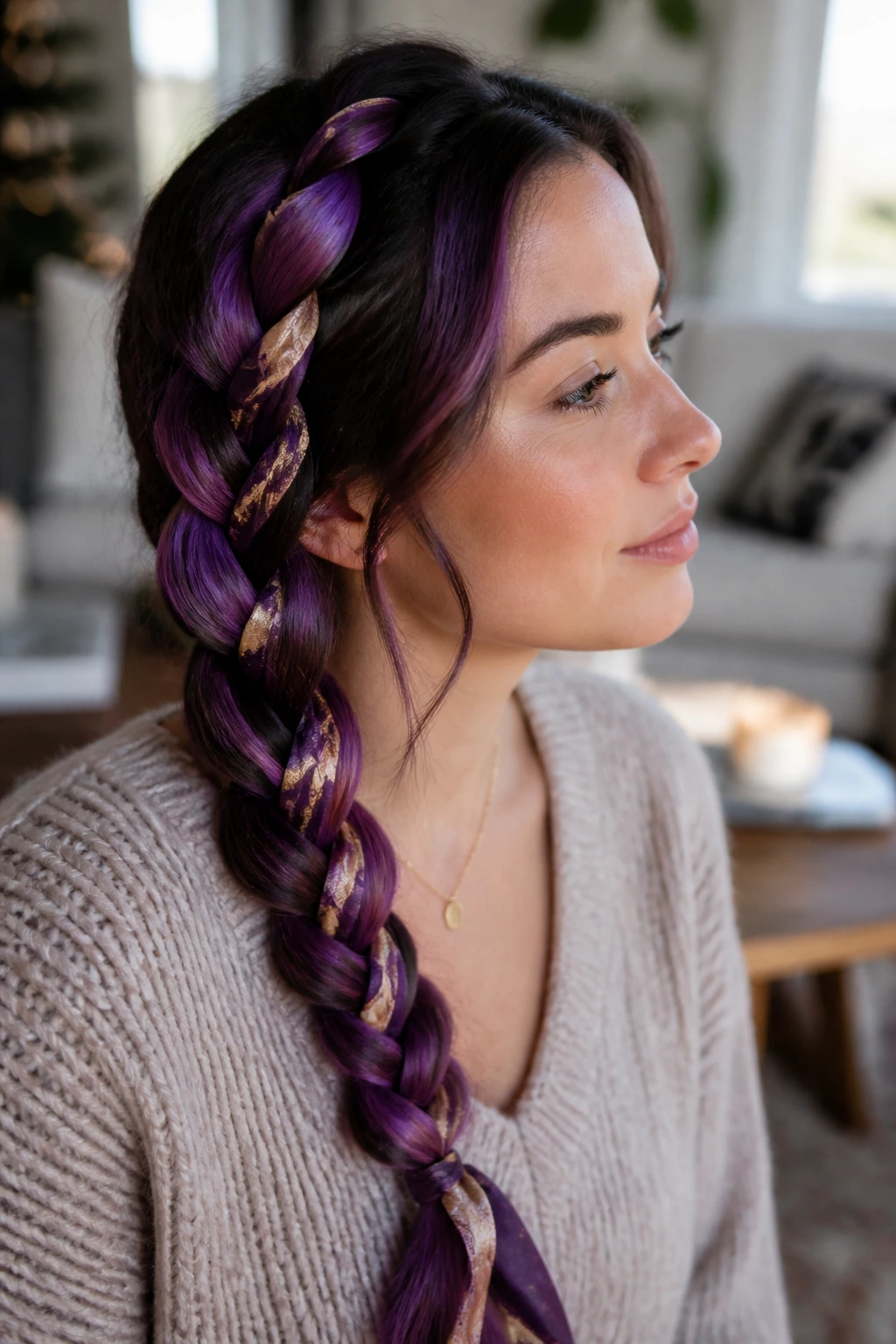 Close-up of real person with scarf-woven braid and purple hair