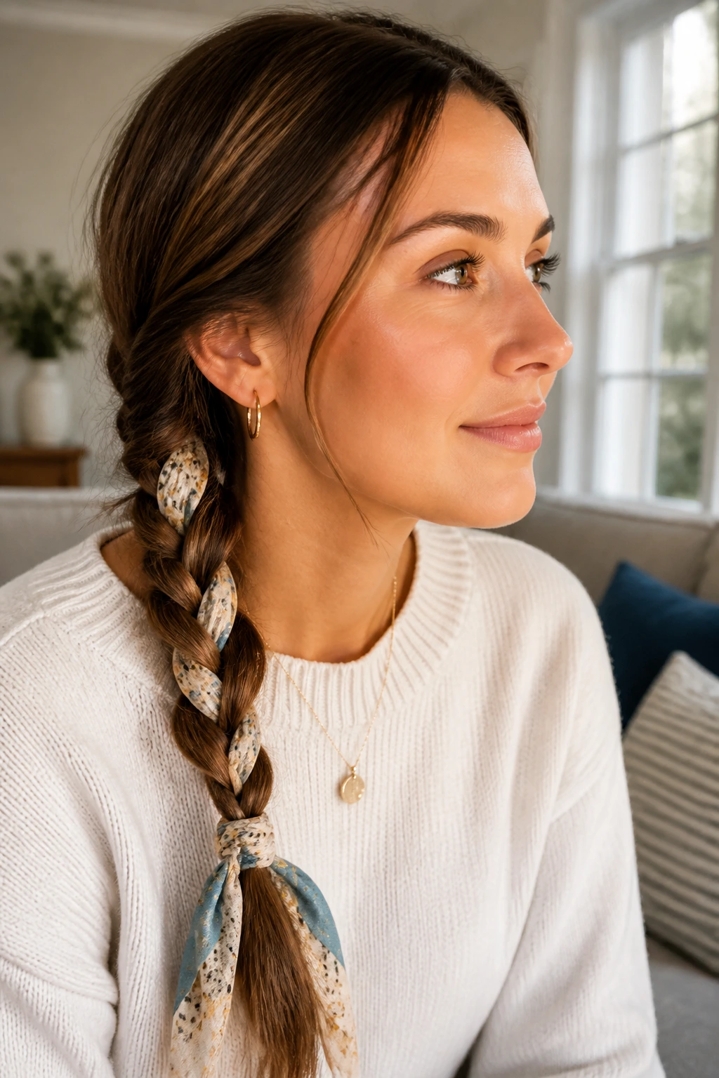 Close-up of a real person with a scarf-woven side braid