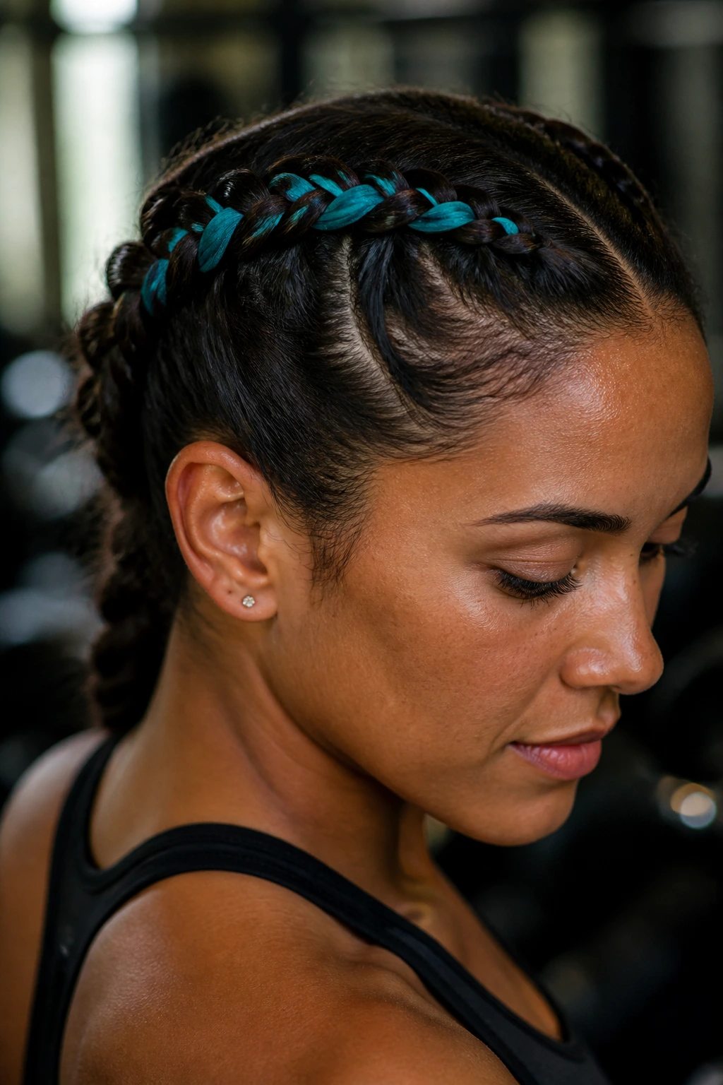 Close-up of a real woman with a scarf-woven braid for athletic wear