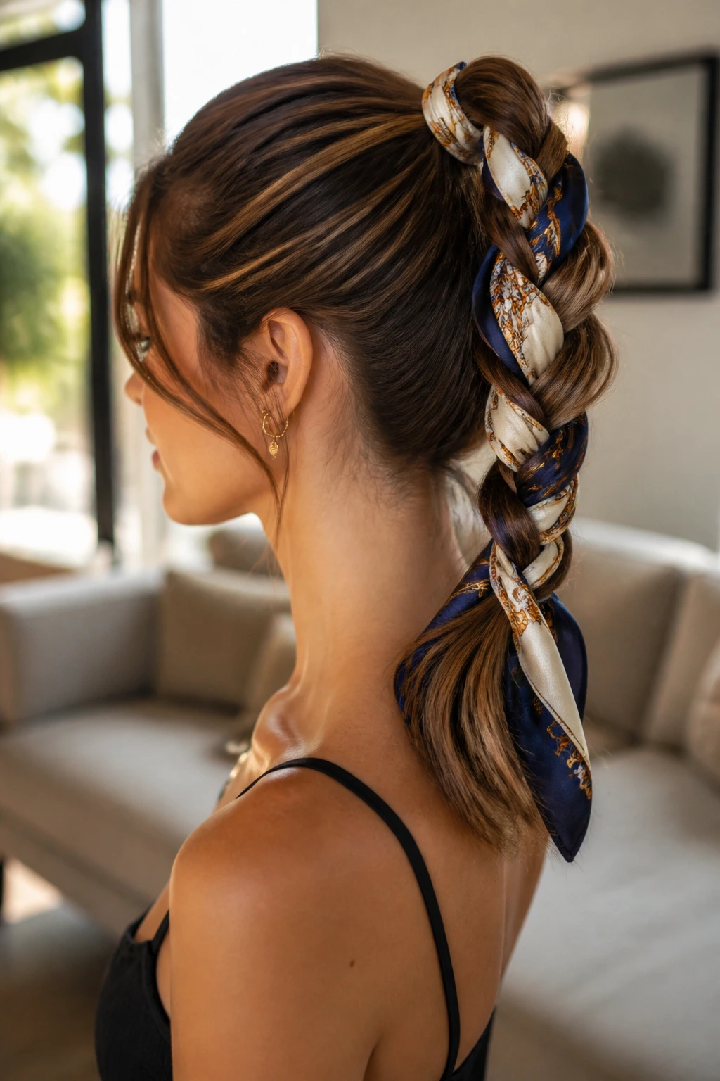 Close-up of a real woman with a scarf-braided ponytail in warm daylight.