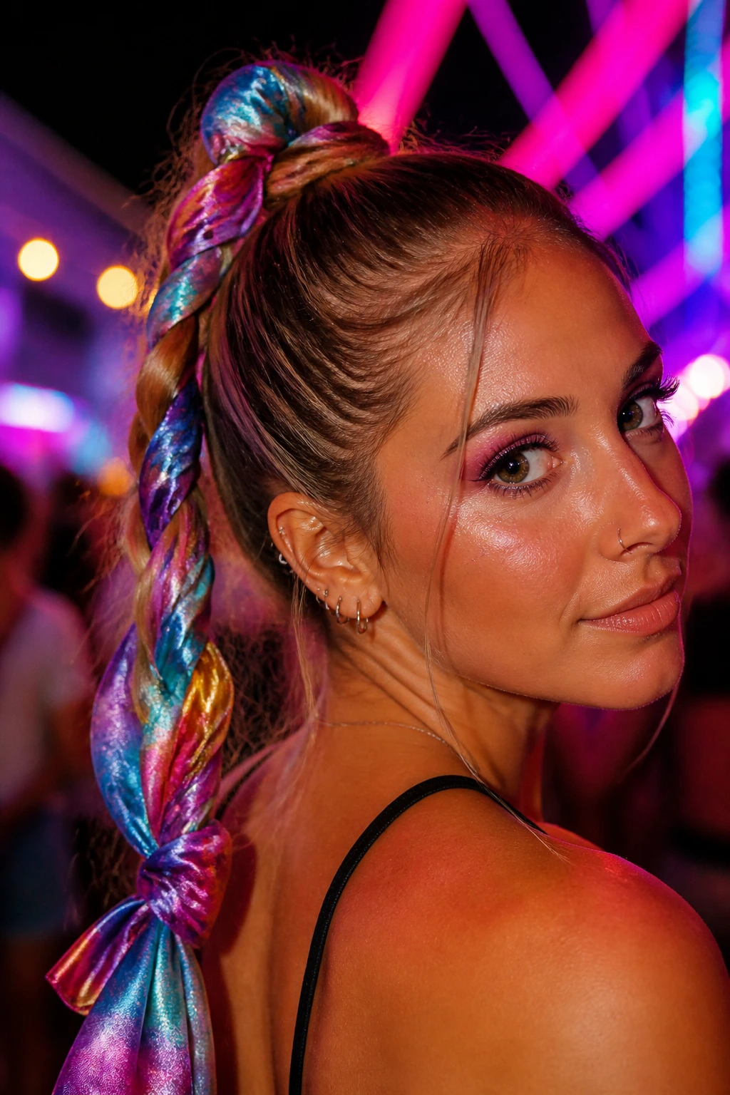 Close-up of a real person with a scarf braided ponytail under festival neon glow