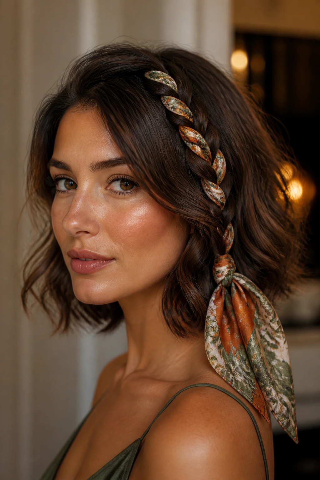 Real person wearing a scarf braided into a twist for date night