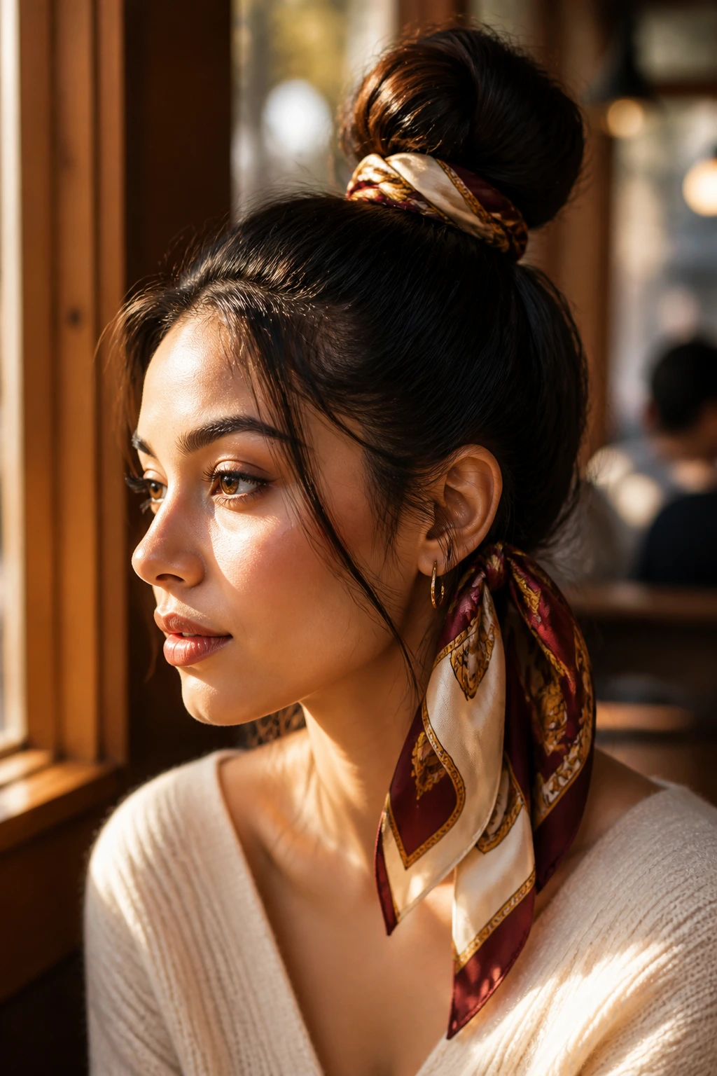 Close-up of a real woman with a high bun tied with a scarf in autumn cafe light