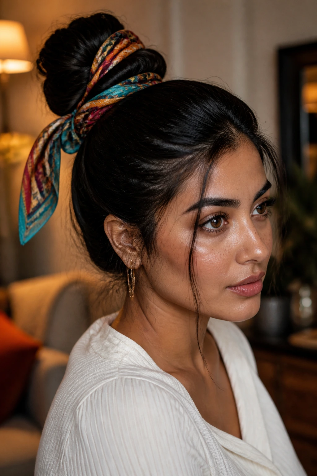 Close-up portrait of a real woman with a scarf-wrapped sculpted bun