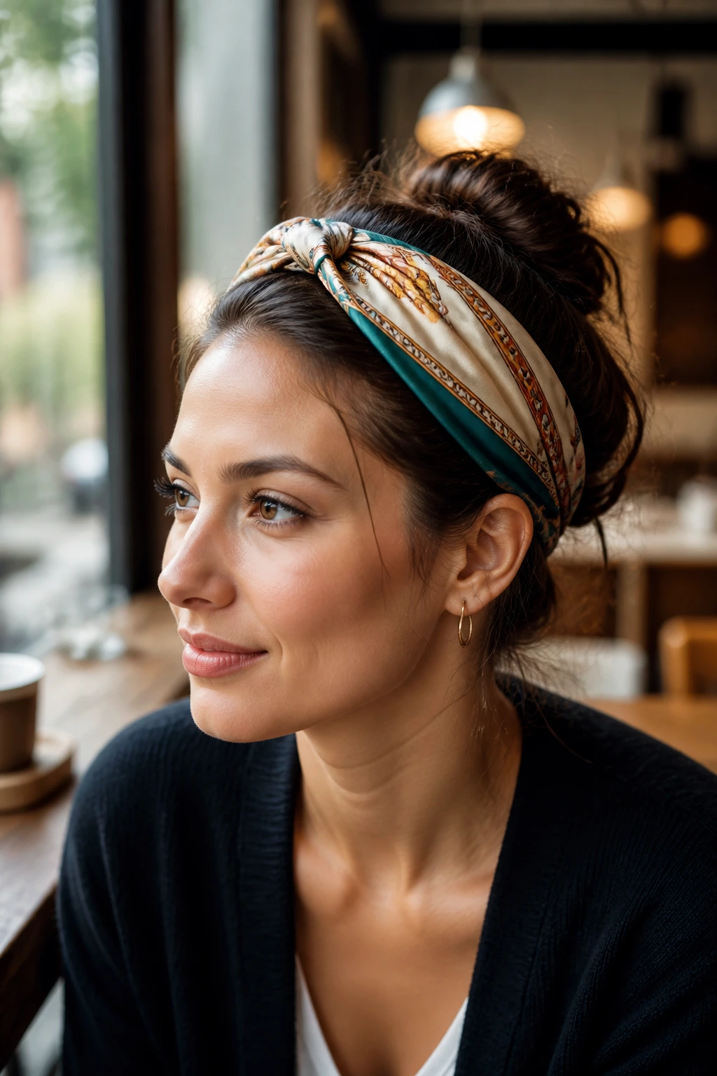 Close-up of a real woman wearing a silk scarf crown band over damp roots.
