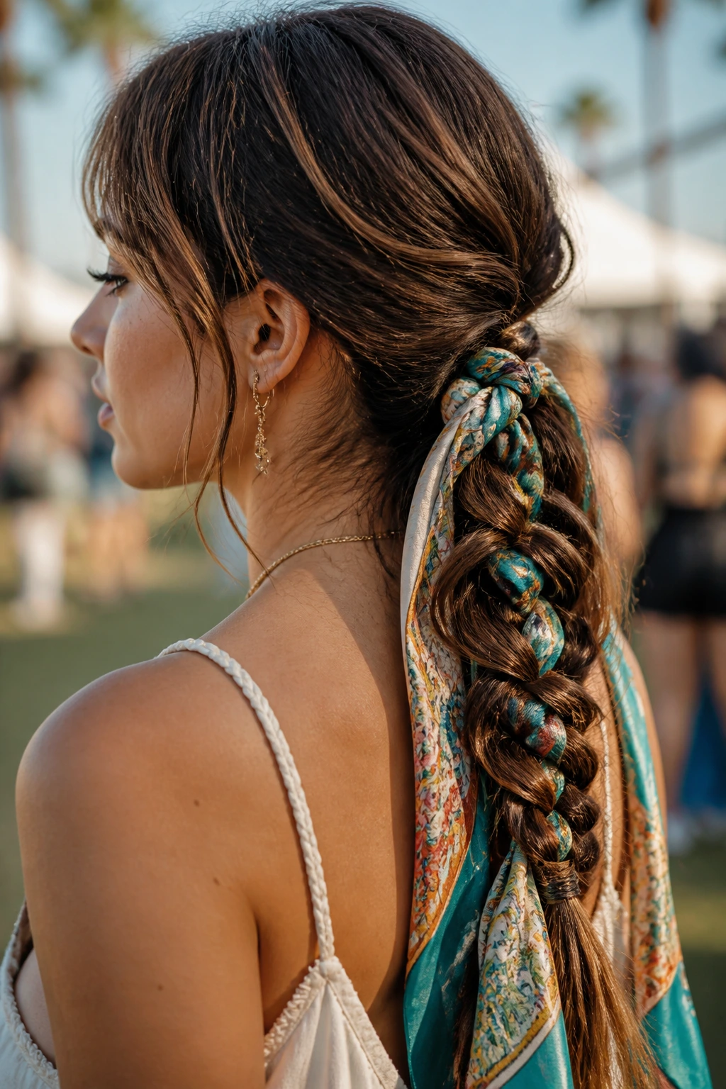 Close-up of a real woman with scarf-braided fishtail in hair