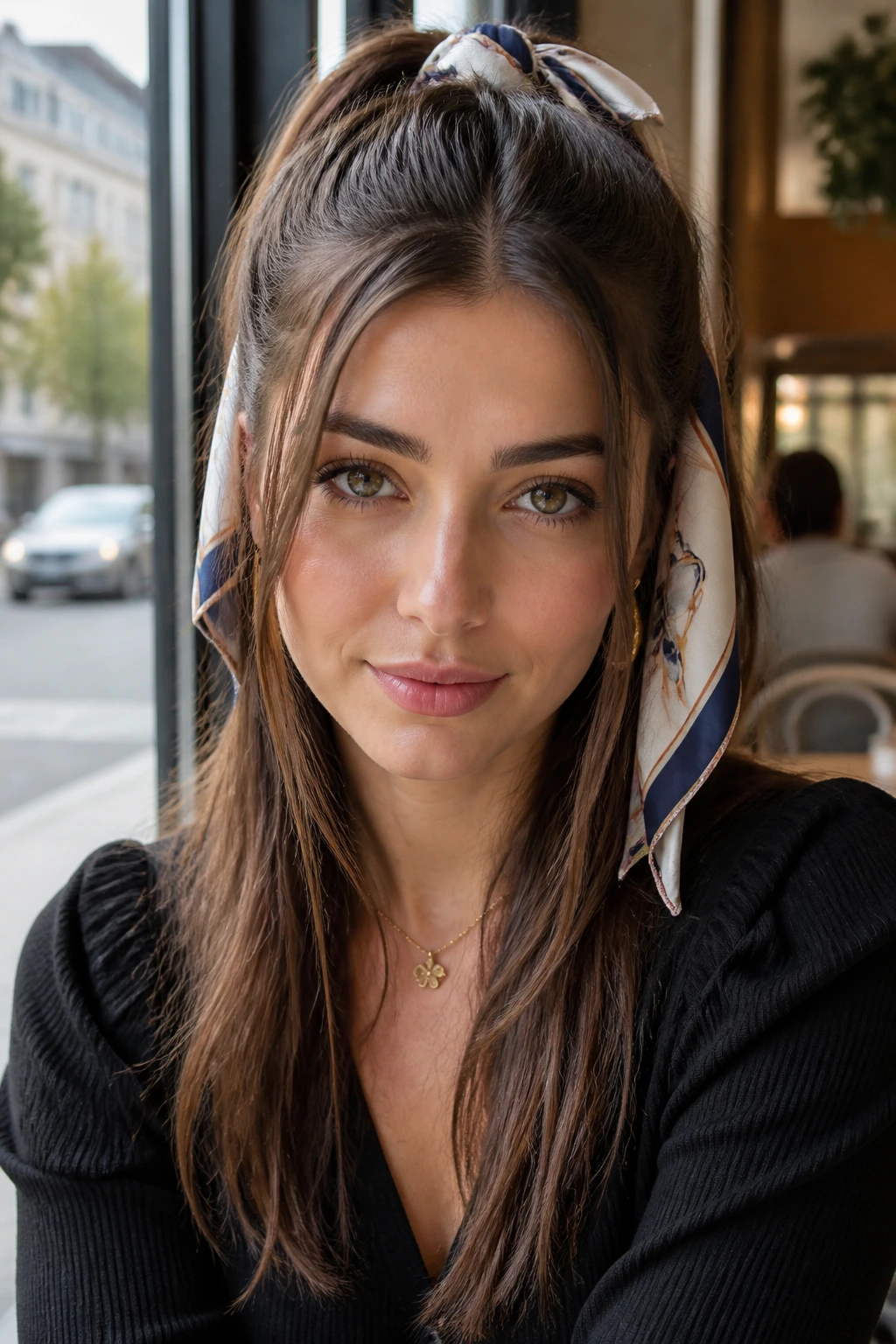 Close-up of a real woman wearing a scarf-tied half-up style on straight hair