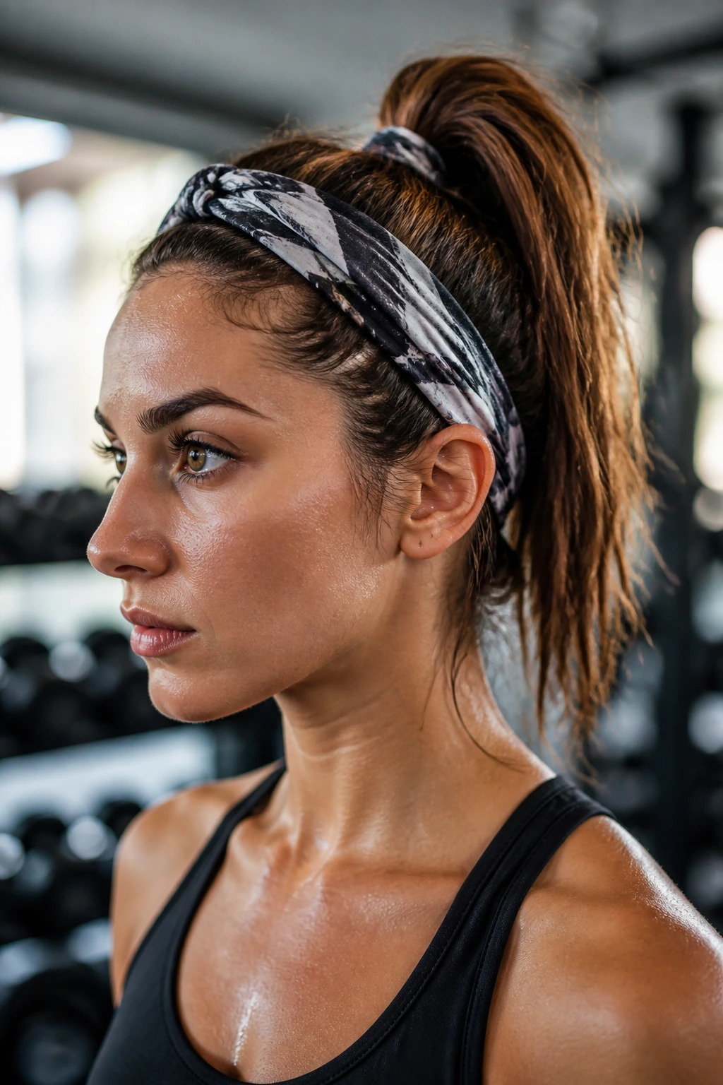 Close-up of a real woman with a scarf-secured high pony in a gym