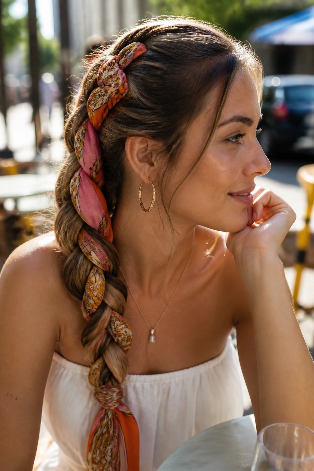 Real person with scarf-integrated braid in sunlit outdoor cafe setting