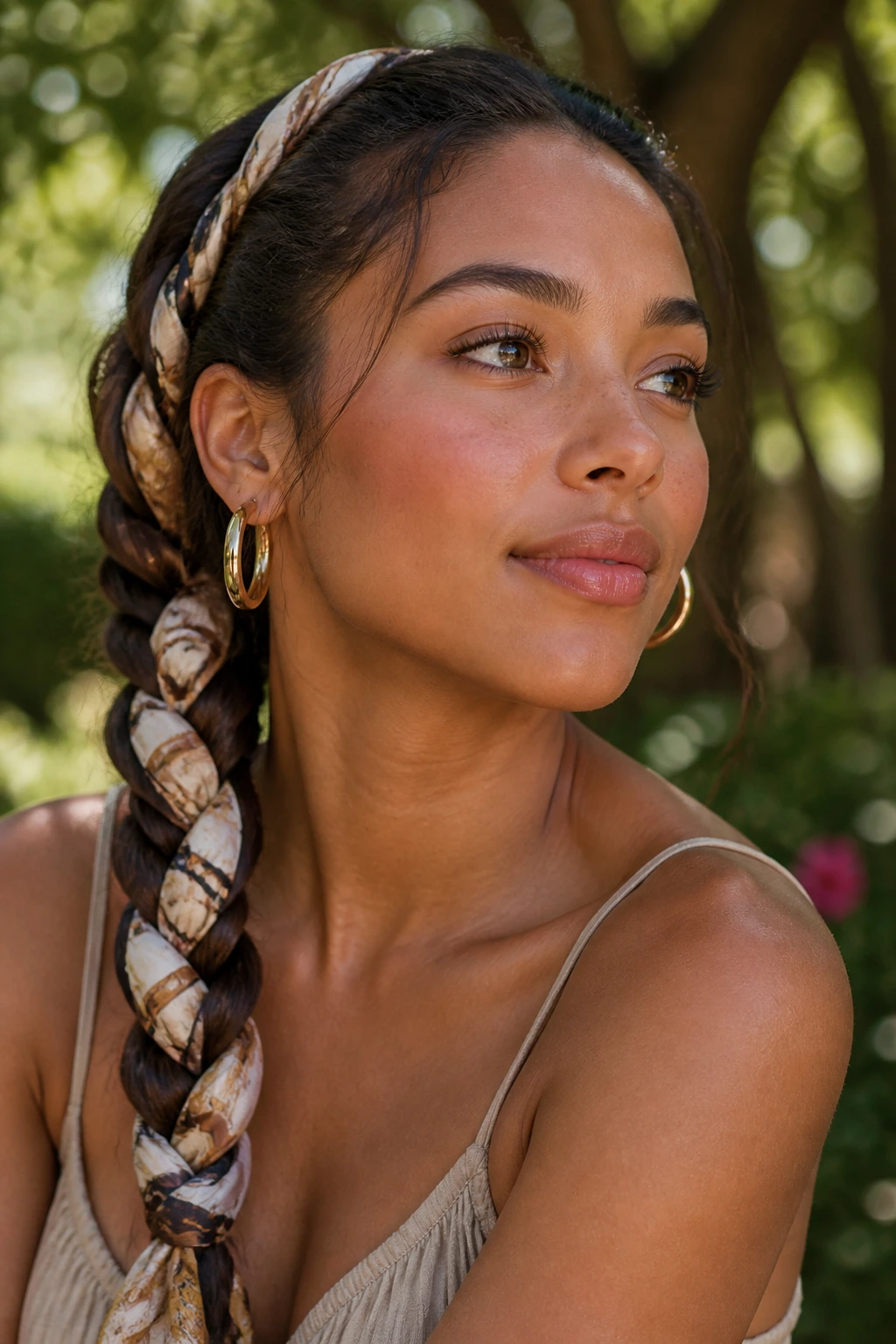 Close-up of real woman with scarf-integrated braid in outdoor light