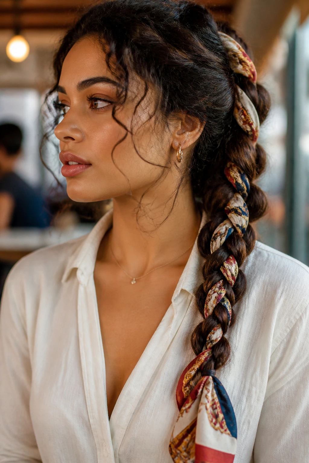 Close-up of a real person with a scarf-integrated braided hairstyle