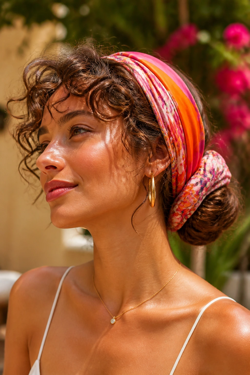 Close-up of a real woman with a scarf-wrapped low bun hairstyle