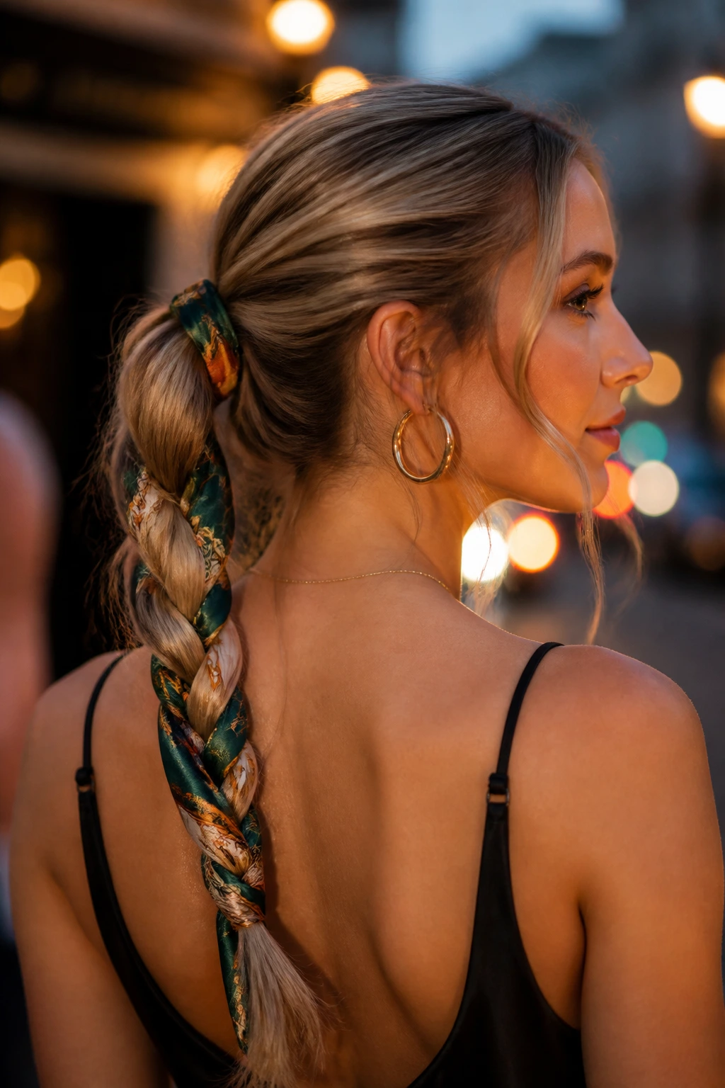 Close-up portrait of a real person with a scarf woven into a braid.
