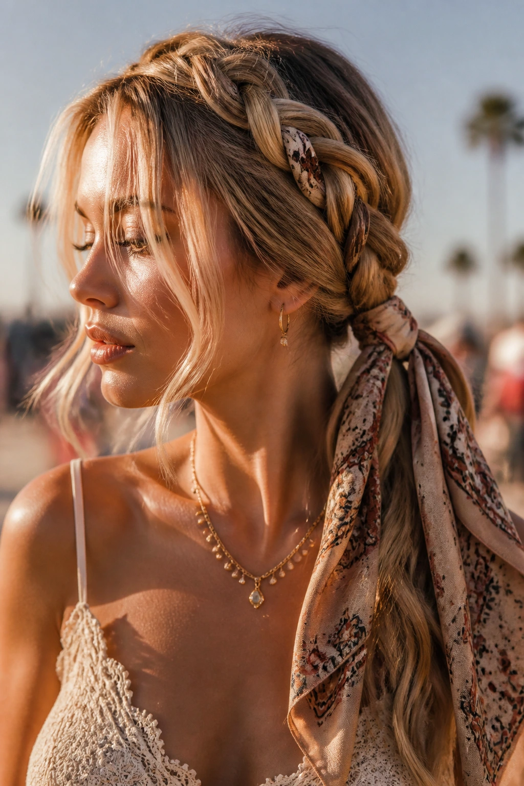 Close-up of a real woman with a scarf-braided low ponytail in desert festival light