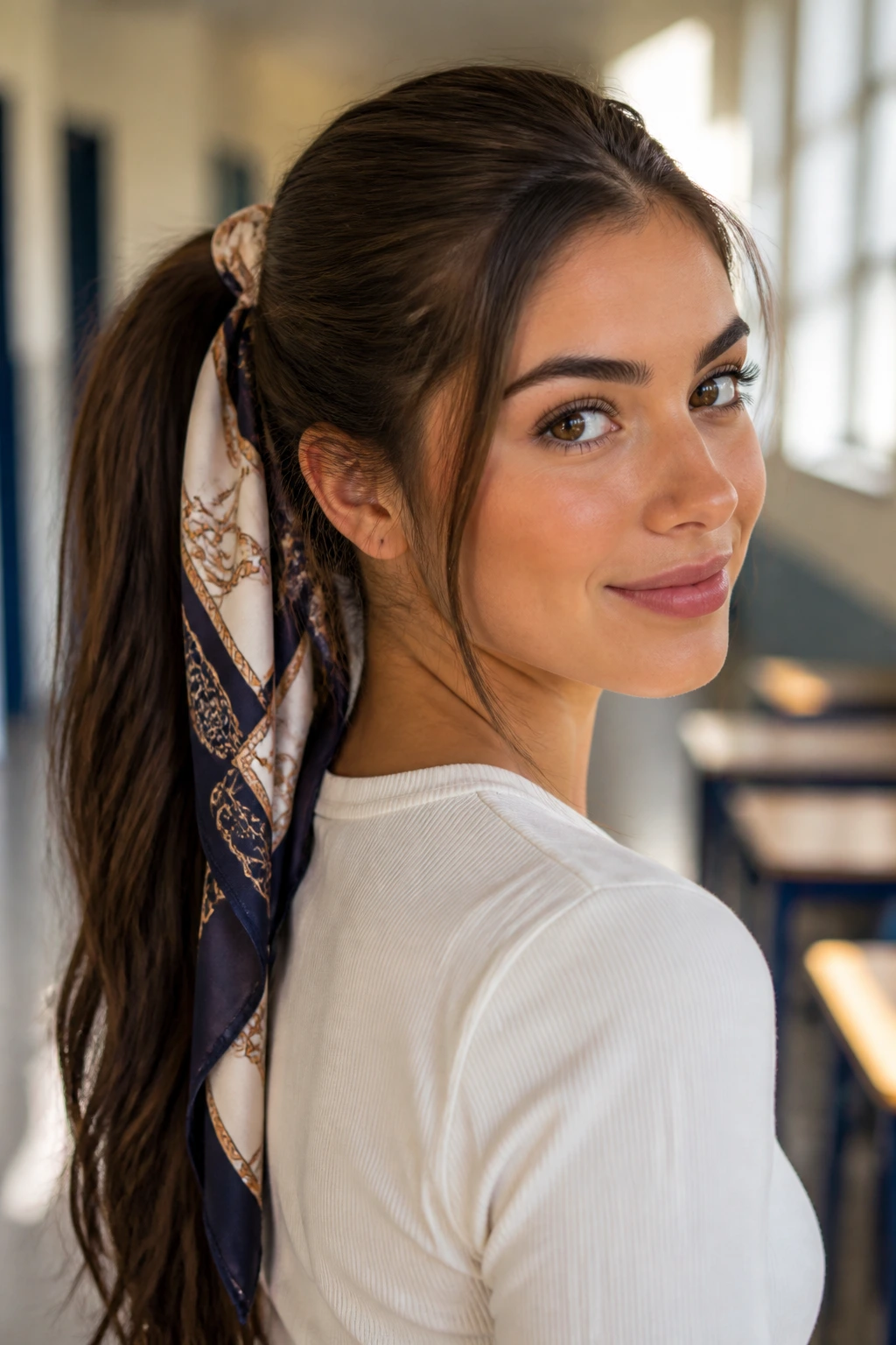 Portrait of a real person with a scarf-accented ponytail